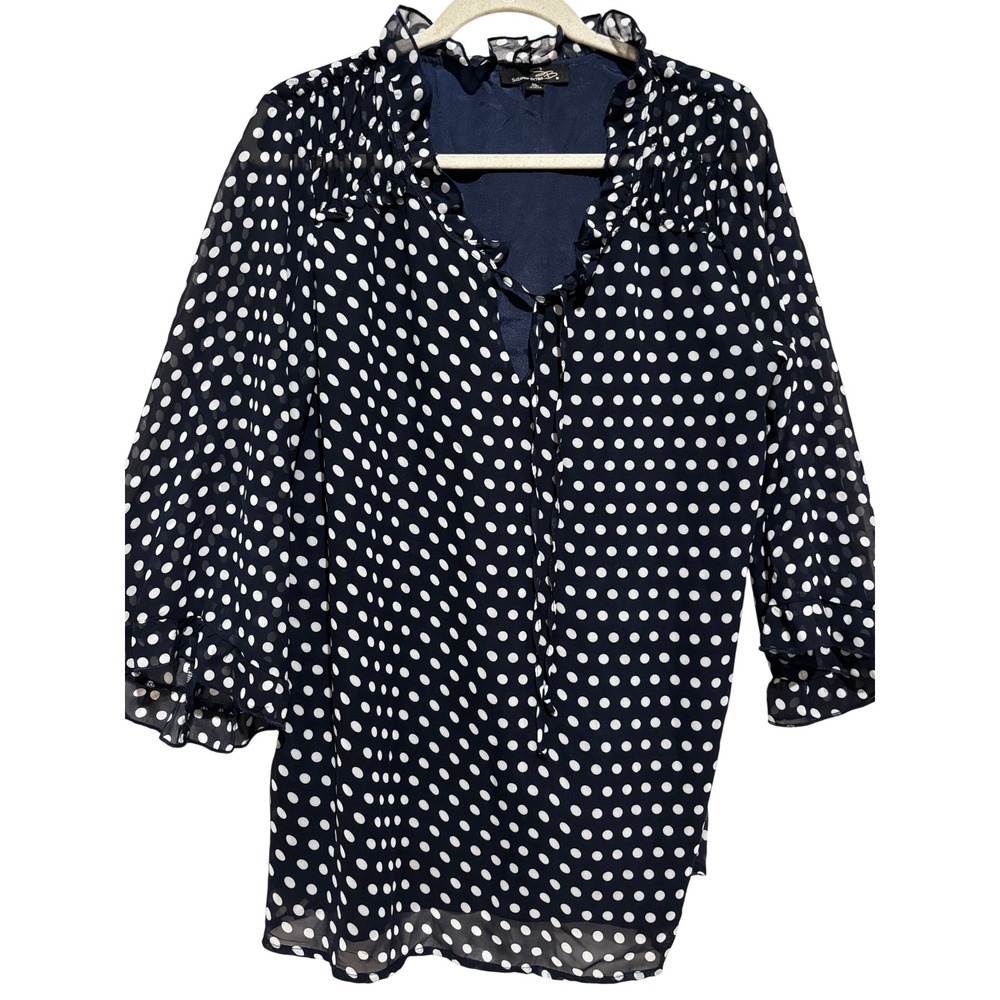 Suzanne Betro Navy Blue Polka Dot Ruffle Tie Neck Blouse top XL Smocked office
